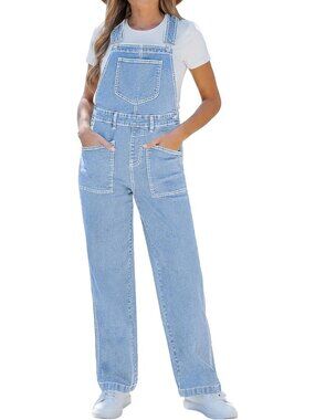 Women's Azure Glow Bib Pocket Adjustable Straps Stretchy Denim Overall Jumpsuits